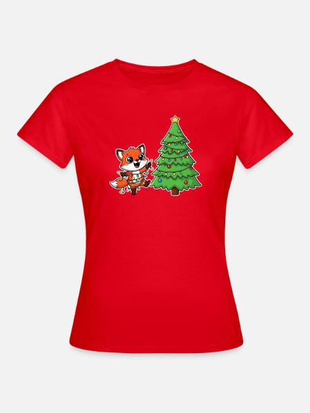 Fuchs mit Lichterkette und Tannenbaum - Frauen T-Shirt - Rot