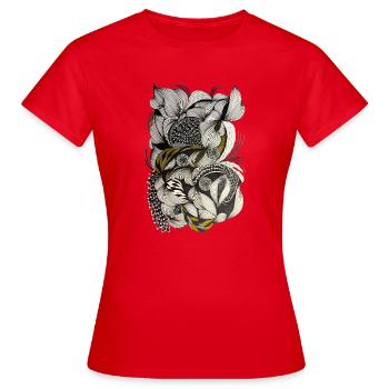 Schwarzweiß Blütenwirbel Gelb Akzente - Frauen T-Shirt - Rot - Vorne - AI Model Female 172 dark (172cm)