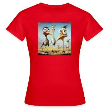 Potins de la côte : Troupe d’oiseaux bizarres - T-shirt Femme - rouge - Devant - AI Model Female 172 dark (172cm)