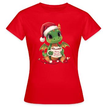 Warmer Weihnachtsdrache - Frauen T-Shirt - Rot - Vorne - AI Model Female 172 dark (172cm)