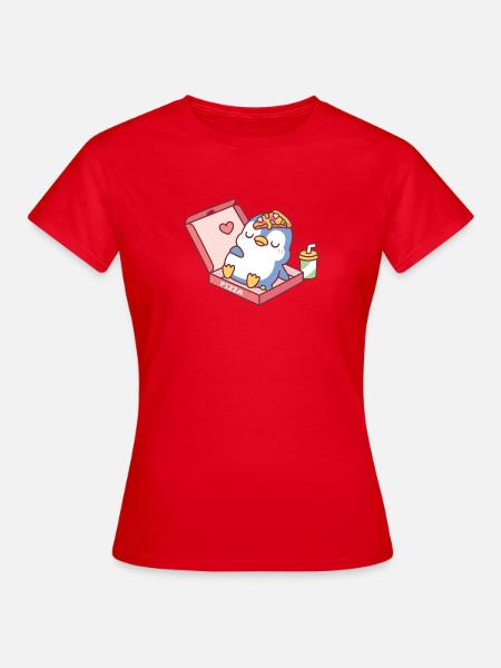 Süßer blauer Pinguin vom Pizzaessen lustig - Frauen T-Shirt - Rot