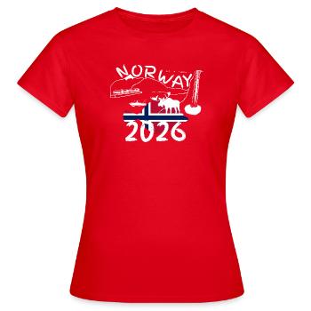 Norvège 2025 Plaice avec la pêche aux montagnes et à l’orignal - T-shirt Femme - rouge - Devant - AI Model Female 172 dark (172cm)