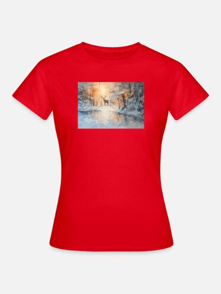 Cerfs majestueux dans la forêt hivernale - T-shirt Femme - rouge