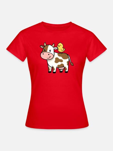 Süße Kuh mit Vogel Freundschaft - Frauen T-Shirt - Rot