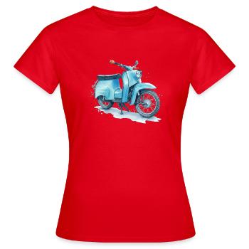 Cyclomoteur Schwalbe bleu est-allemand au design culte aquarelle - T-shirt Femme - rouge - Devant - AI Model Female 172 dark (172cm)