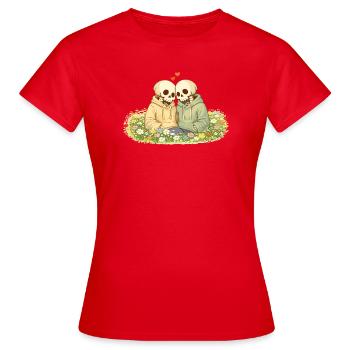 Cozy Skelett Paar auf Blumenwiese – Nähe - Frauen T-Shirt - Rot - Vorne - AI Model Female 172 dark (172cm)
