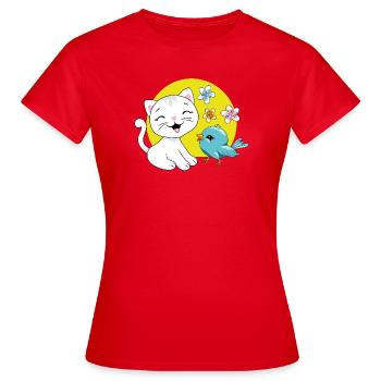 The white kitten and the blue birdie - Women's T-Shirt - red - Front - AI Model Female 172 dark (172cm)