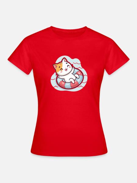 Süße Katze auf Poolboje - Frauen T-Shirt - Rot