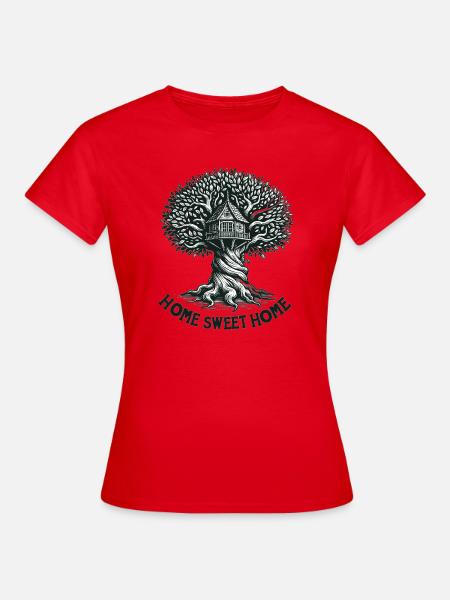 Baumhaus Holzschnitt Waldbild - Frauen T-Shirt - Rot