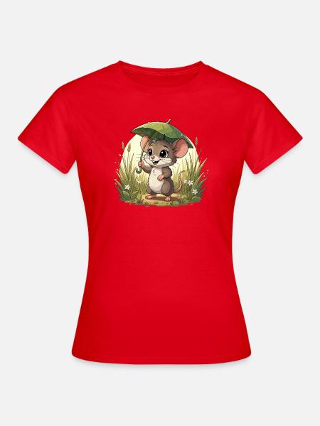 Kleines Mäuschen mit Schirm im Gras - Frauen T-Shirt - Rot