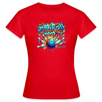 Bowling Strike Graffiti Retro Sports Art Tee - Frauen T-Shirt - Rot - Vorne - AI Model Female 172 dark (172cm)