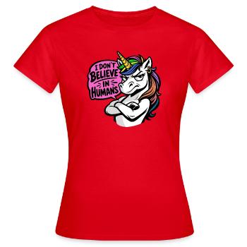 Funny Unicorn – I Don’t Believe in Humans - Frauen T-Shirt - Rot - Vorne - AI Model Female 172 dark (172cm)