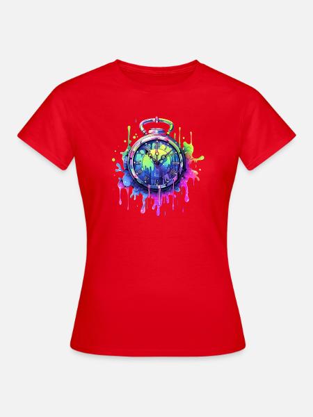 Bunte Uhr mit Farbspritzern - Frauen T-Shirt - Rot