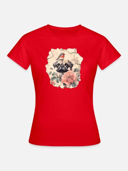 Mops mit Rotkehlchen - Frauen T-Shirt - Rot