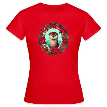 Otter in Festive Poinsettia Wreath - Women's T-Shirt - red - Front - AI Model Female 172 dark (172cm)