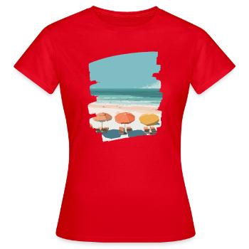 Bunter Strand mit Sonnenschirmen - Frauen T-Shirt - Rot - Vorne - AI Model Female 172 dark (172cm)