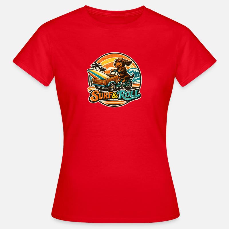 Surf & Roll Dachshund with Surfboard - Women's T-Shirt - red