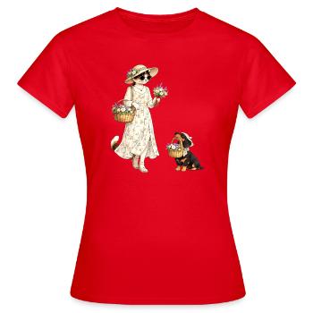 Blumenkatze & Dackel im Cottagecore-Stil - Frauen T-Shirt - Rot - Vorne - AI Model Female 172 dark (172cm)