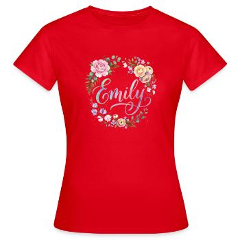 Imprimé du nom d’Emily en couronne florale - T-shirt Femme - rouge - Devant - AI Model Female 172 dark (172cm)