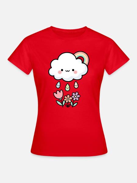 Cute Rain Cloud and Flowers - Frauen T-Shirt - Rot