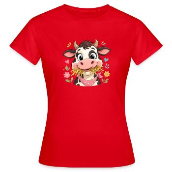 Vache avec foin et fleurs - T-shirt Femme - rouge - Devant - AI Model Female 172 dark (172cm)