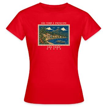 São Tomé und Príncipe São Tomé Vintage Reisemarke - Frauen T-Shirt - Rot - Vorne - AI Model Female 172 dark (172cm)