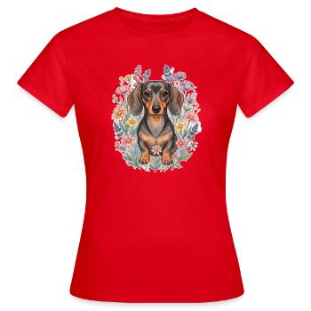 Peinture aquarelle de teckel et fleurs sauvages – style botanique - T-shirt Femme - rouge - Devant - AI Model Female 172 dark (172cm)
