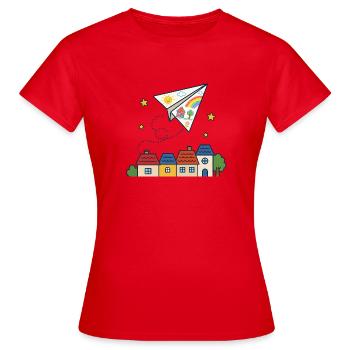 Papierflieger über Dächern – Kindergarten - Frauen T-Shirt - Rot - Vorne - AI Model Female 172 dark (172cm)