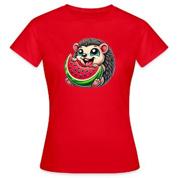 Niedlicher Igel Isst Wassermelone Sommer Fruchtig  - Frauen T-Shirt - Rot - Vorne - AI Model Female 172 dark (172cm)