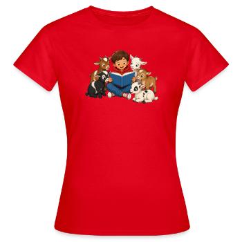 Junge liest kleinen Ziegen eine Geschichte vor - Frauen T-Shirt - Rot - Vorne - AI Model Female 172 dark (172cm)