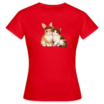 Kaninchen und Katze - Frauen T-Shirt - Rot - Vorne - AI Model Female 172 dark (172cm)