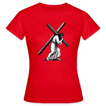 Kreuzweg Silhouette in Schwarzweiß - Frauen T-Shirt - Rot - Vorne - AI Model Female 172 dark (172cm)