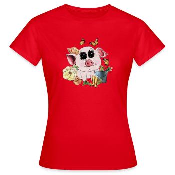 Niedliches Schweinchen mit Kulleraugen - Frauen T-Shirt - Rot - Vorne - AI Model Female 172 dark (172cm)