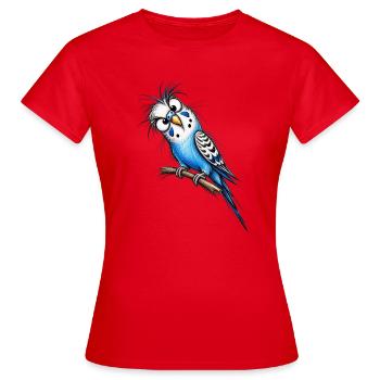Blue Budgie Cartoon on Branch - Women's T-Shirt - red - Front - AI Model Female 172 dark (172cm)