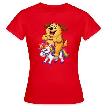 Dog Riding Grumpy Rainbow Unicorn - Women's T-Shirt - red - Front - AI Model Female 172 dark (172cm)