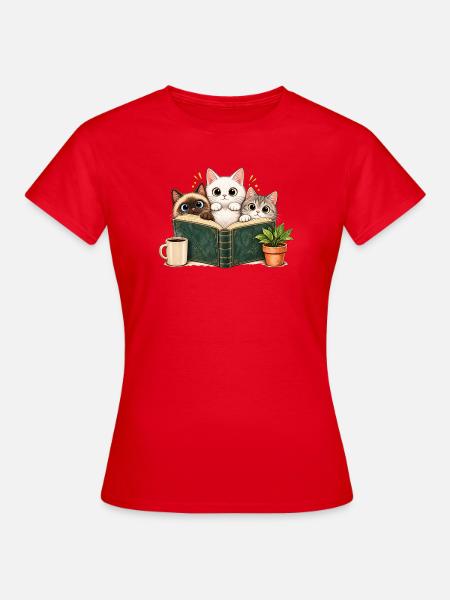 Katze Lesen Kafee - Frauen T-Shirt - Rot