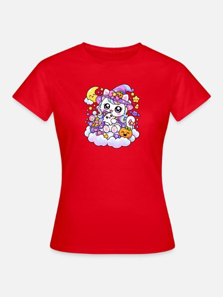 Kawaii-Hexenkatze auf den Wolken - Frauen T-Shirt - Rot