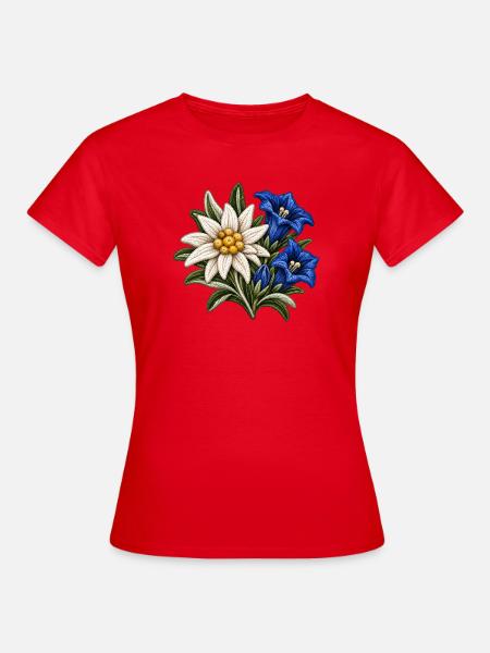 Edelweiß und Enzian im Stickerei-Look - Frauen T-Shirt - Rot