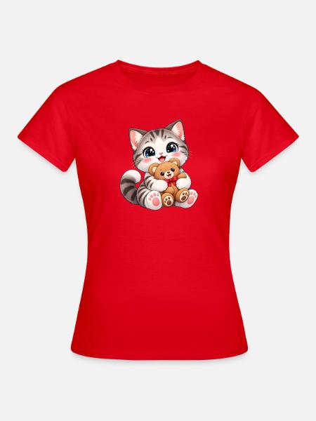 Kawaii-Katze mit Teddybär - Frauen T-Shirt - Rot