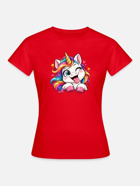 Fröhliches Regenbogen-Einhorn - Frauen T-Shirt - Rot