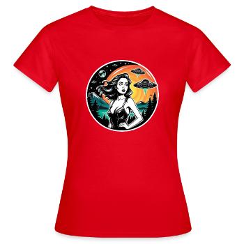 Woman is chased by UFO. - Women's T-Shirt - red - Front - AI Model Female 172 dark (172cm)
