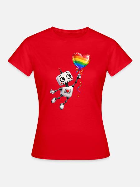Fröhlicher Roboter mit Regenbogenballon - Frauen T-Shirt - Rot