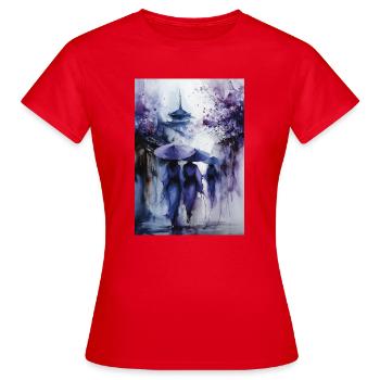 Blaue Regenschirme im violetten Regen - Frauen T-Shirt - Rot - Vorne - AI Model Female 172 dark (172cm)