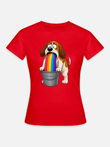 Regenbogen-Erbrechender Hunde-Eimer-Chaos - Frauen T-Shirt - Rot