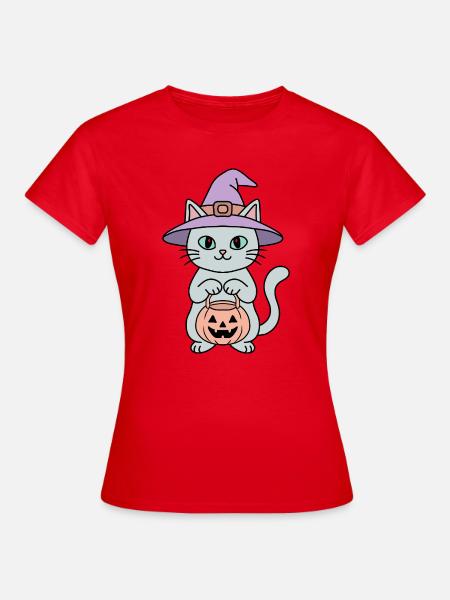 Kürbis-Halloween-Hexenkatze - Frauen T-Shirt - Rot