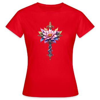 Blumen-Lotuskreuz: Zierdolch - Frauen T-Shirt - Rot - Vorne - AI Model Female 172 dark (172cm)