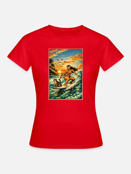 Surfgirl with Cat Hawaii surfing Summer Fun Wave - Frauen T-Shirt - Rot