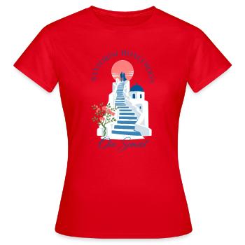 Romance Gift, Santorini Honeymoon Oia Sunset Steps - Frauen T-Shirt - Rot - Vorne - AI Model Female 172 dark (172cm)