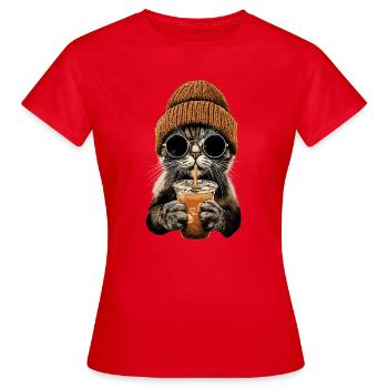 Katze Iced Coffee Kaffee Liebhaber Cat Mom Katzen - Frauen T-Shirt - Rot - Vorne - AI Model Female 172 dark (172cm)