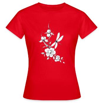 Blumen und Libell Schwarzweiß - Frauen T-Shirt - Rot - Vorne - AI Model Female 172 dark (172cm)